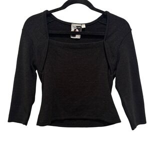 Womens Square Neck Crop Top Vintage Black Metallic Threading USA‎ Made 1970s